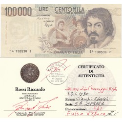 100000 LIRE CARAVAGGIO I TIPO 25.1.1990 FALSO D'EPOCA CERTIFICATO